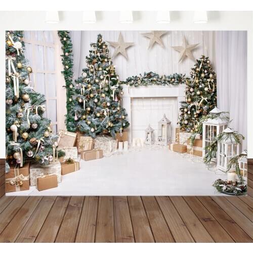 Christmas Photography Background Christmas Tree Gift Fireplace Kids Children Party Stars Backdrop Banner Studio Decoration