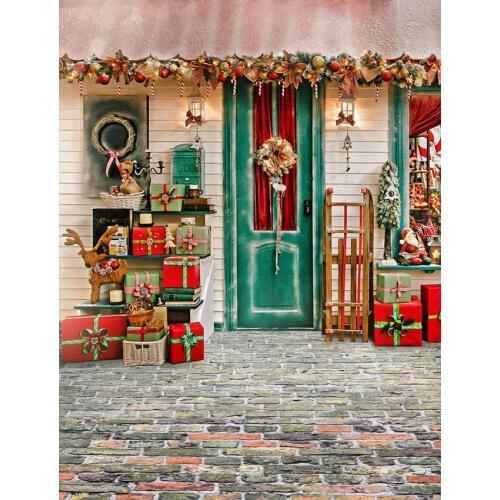 Christmas Photography Backdrops Porch Balls Brick Floor 3D Backgrounds for Photo Studio Children Kid Portrait Photo Shoot Custom