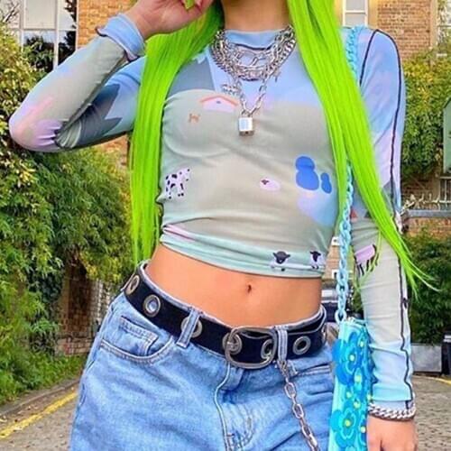 Autumn new woman mesh t-shirts long sleeved sexy perspective cartoon print casual pullover tops ladies vintage clothes crop tops