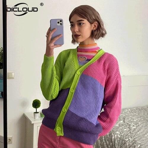 Sweet Girls Rainbow Patchwork Cardigan Coat Women 2021 Winter Oversized Sweaters Kintted Cardigans Harajuku Fashion Y2k Cardigan