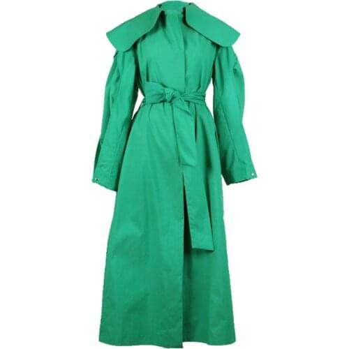 Spring autumn Trench Coat For Women Long Elegant Outwear slim big lapel Overcoat Slim Green Long Trench