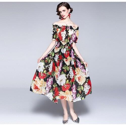 Runway Sexy Slash Neck Dew Shoulder Peony Flower Print Womens Short Sleeve Elastic waistline Draped Long Dresses Vestidos
