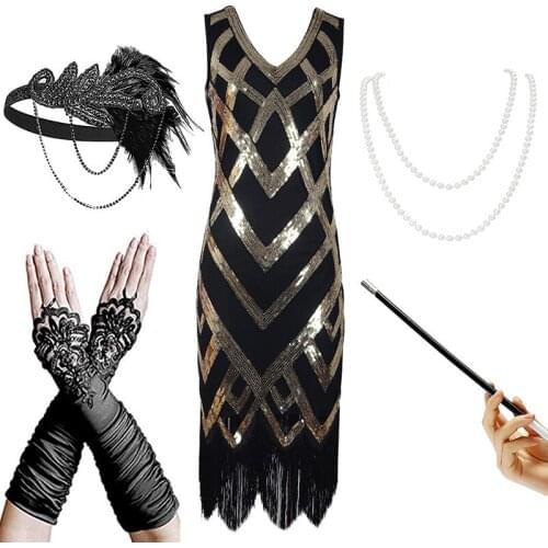 Womens 1920s Gatsby Inspired Sequin Beads Long Fringe Flapper Dress with Sleeveless /Accessories Set