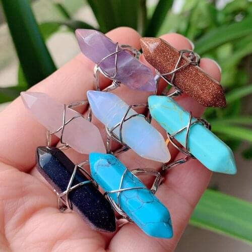 Fashion Women Ring Adjustable Open Bullet Stone Natural Amethysts Pink Quartz Tiger Eye Lapis Wire Wrapped Crystal Rings Healing