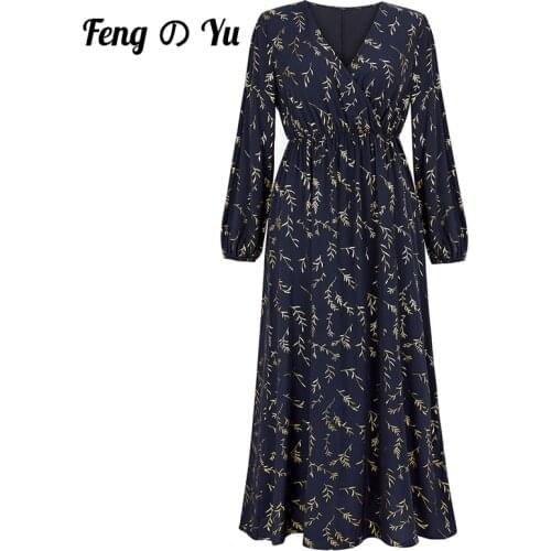 Autumn Bronzing Printed Dress 2021 Womens Blue Chiffon Beach Long Dress Loose Long Sleeve Deep V Neck A-line Sexy Party Dress