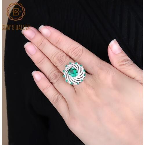 GEMS BALLET 925 Sterling Silver Gemstone Ring For Women Nano Emerald Green Spiral Shape Vintage Rings Fine Jewelry