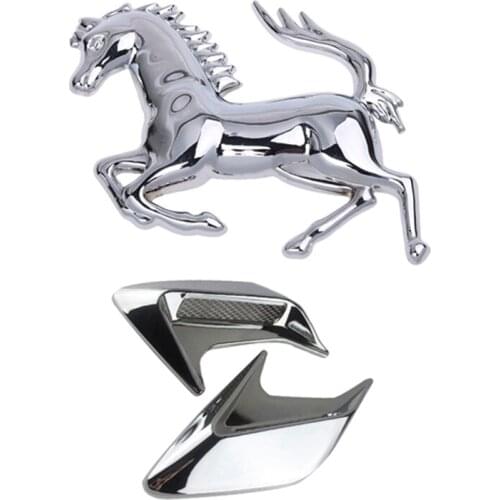 1x Silver Horse Logo Emblem Badge 3D Sticker for Car & 2Pcs Abs Plastic Car Side Vent Air Flow Fender Intake Sticker