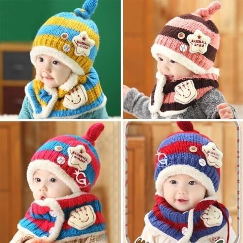 2pieces/1Set Suitable 6-48 months old baby hats Knit plus velvet cap Childrens Baby sets of head winter hats Thick Warm Cozy