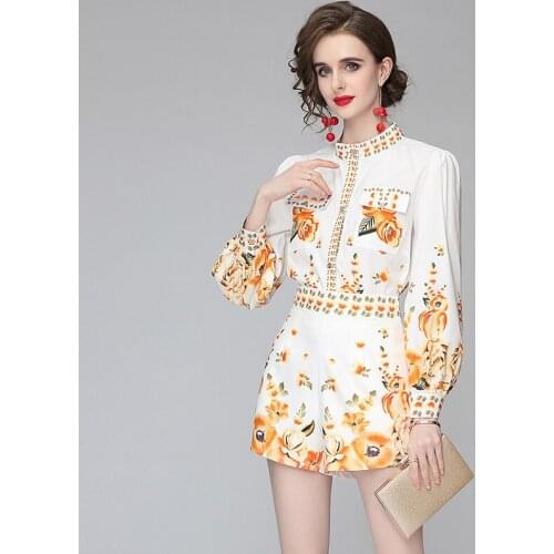 2021 Fashion Designer Summer New Vintage Print Golden Shorts Sets Womens Single-Breasted Pocket Shirt＋Shorts 2 Piece Set
