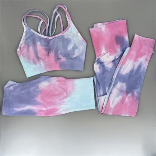 3Pcs Women Tie Dye Sportswear Yoga Set Workout Leggings Push Up Pant Gym Shorts Seamless Fitness Sports Bra Tracksuit Yoga Suit