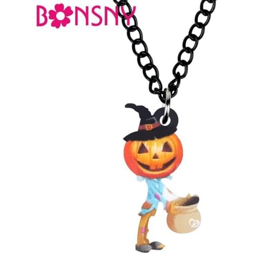 Bonsny Acrylic Halloween Cartoon Pumpkin Boy Candy Bag Necklace Chain Choker Pendant Jewelry For Women Kids Girls Charms Gifts