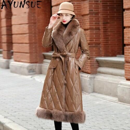 AYUNSUE Genuine Leather Jacket Women Winter Sheepskin Coat Real Fox Fur Collar 90% White Duck Down Jackets 2021 Long Parkas