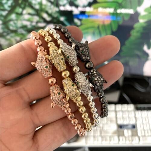 Stainless Steel Bracelet Mens Beaded Transit Bead Bracelet Leopard Head Bracelet Micro Inlaid Zircon Woven Mens Zircon Bangle
