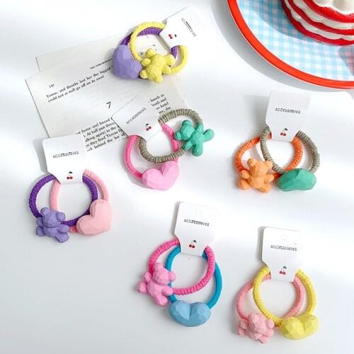 2 Pcs/Set Children Cute Colors Acrylic Bear Heart Elastic Hair Bands Girls Lovely Scrunchies Rubber Bands Kids Hair Accessories