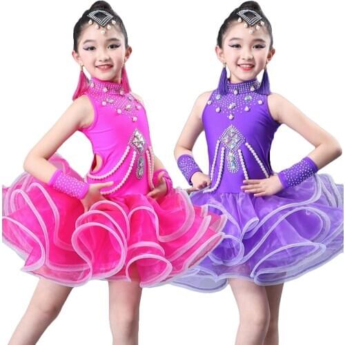 Latin Dance Dress for Kids Girls with Sequined Diamond Children Dress Competition Performance Costume Tutu skirt