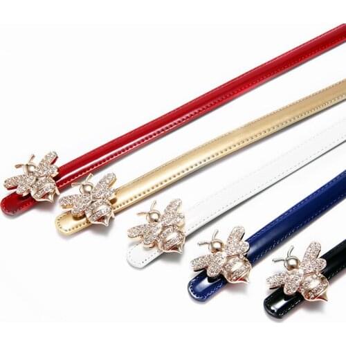 Designer Fashion Rhinestone Bee Buckle Belt Women Genuine Leather Dress Belts Thin Style Luxury Decorative Waistband 100*1.4cm