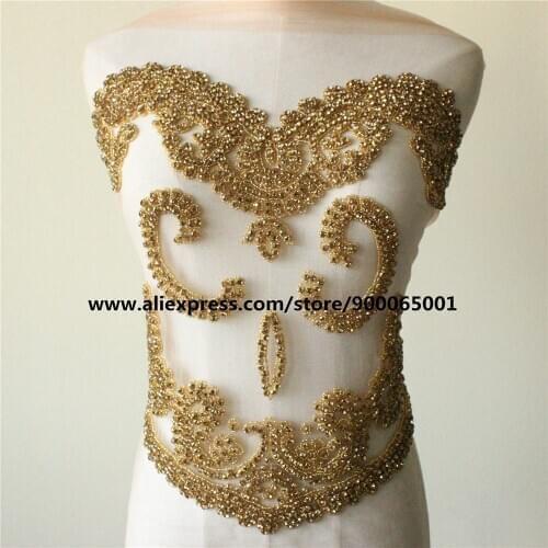 Gold Elegant large crystal bodice wedding dress applique trim Stone Patch Rhinestone beads for Wedding Dresses, Evening Dresses