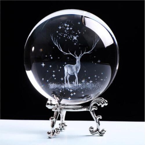 60/80mm Elk Crystal Ball Globe 3D Inner Carving Moose Quartz Glass Ball Deer Model Sphere Glass Globe Home Decor