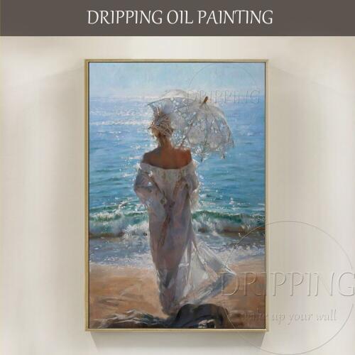 High Quality Wall Art Painting Beauty with Umbrella Oil Painting Handmade Beautiful Landscape Beach and Beauty Girl Oil Painting
