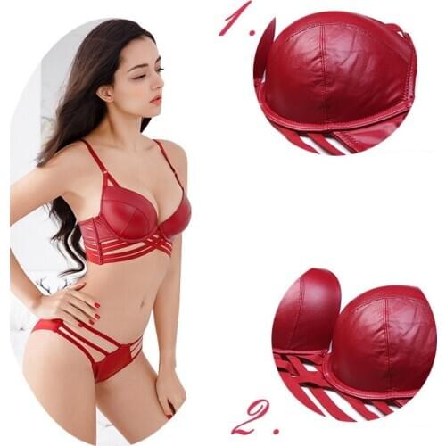 Wriufred Super Push Up Sexy Bandage Underwear Fashion Leather Glossy Women Lingerie and Panties Suit BC Cup Ladies Bra Set