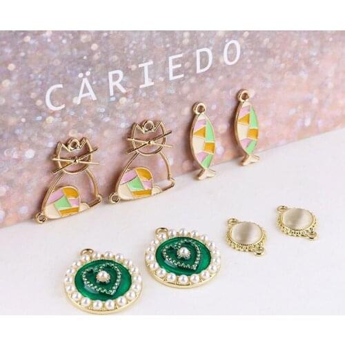 6pcs Korean Earrings lovely Alloy fun cat fish pearl love round opal earrings For WomenDIY sweet jewelry necklace material