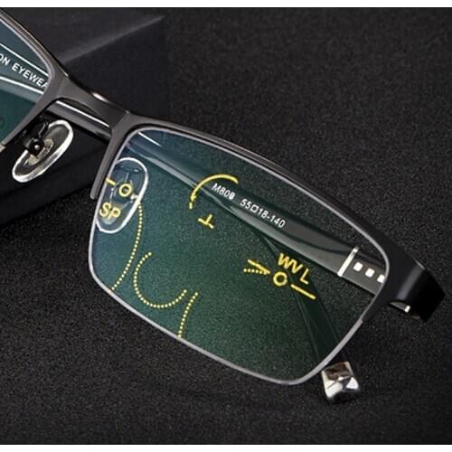 Men Photochromic Progressive Reading Glasses Multifocal Presbyopia Anti Blue-Light UV Scratch Tr90 Metal Frame 1.75 2.25