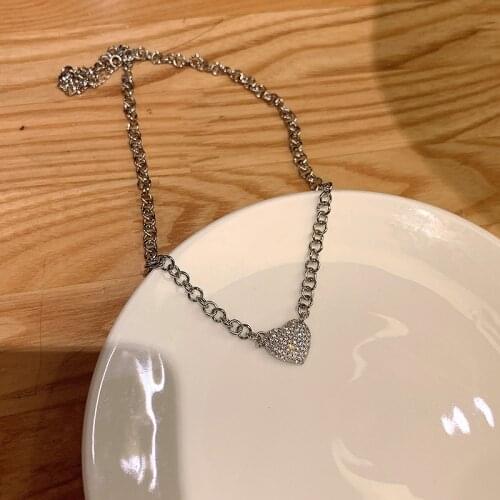 Origin Summer Bling Bling Rhinestone Love Heart Pendant Necklace for Women Girls Trendy Chunky Chain Metallic Necklace Jewelry