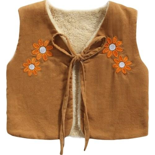 Infant Kids Baby Girls Casual Reversible Waistcoat, Khaki Floral Embroidery Pattern Tie-up Vest for Winter