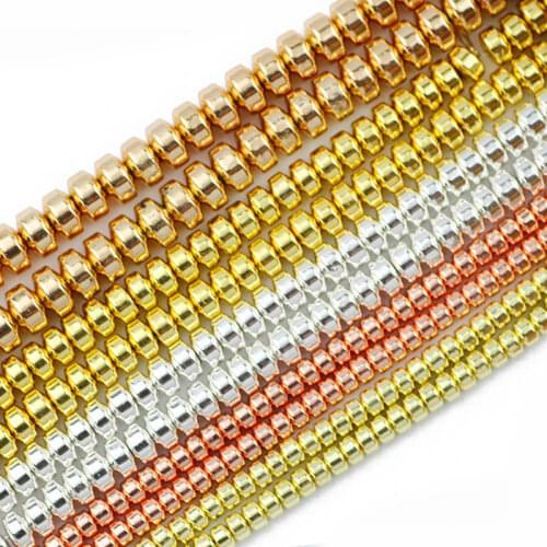 Rose Gold Silvers 4/6/8MM Flat Cylinder Hematite Round Natural Stone Spacer Loose Beads For Jewelry Making Diy Bracelet Necklace