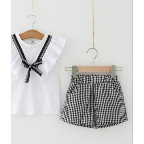 Navy Wind Style Girls Clothes Kids Summer Casual Girls Sets Sleeveless Stripe Bowknot Shirt +Shorts Suits Children Clothing 2018