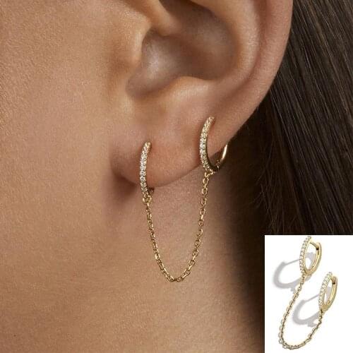 Exquisite Golden Double Circle Earrings Rhinestone Zircon Tassel Drop Earrings 1PC Chain Hoop Earring Gothic Punk Alloy Crystal