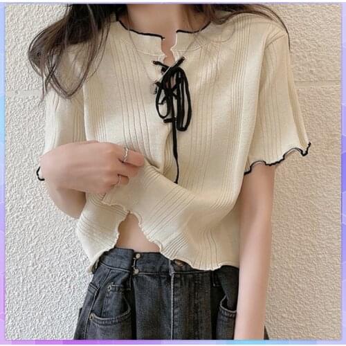 Short Sleeve Crop Top Womens 2021 Summer Sexy T-shirts Bandage Tee Shirt Loose Casual Lady Hong Kong-style High-waist Tops