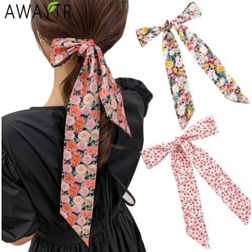 AWAYTR Printed Ribbon Bow Hair Band Knot Long Scrunchie Ribbon Headband Fashion Floral Hairband Headwear Women Hair Accessories