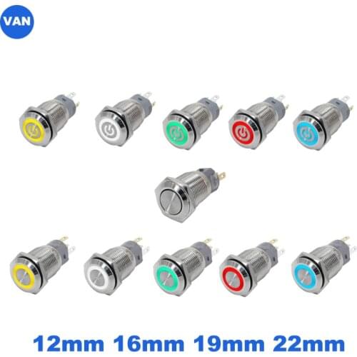 12/16/19/22mm metal push button switch ring lamp power symbol button Waterproof LED light self-lock self-reset button 1NO1NC