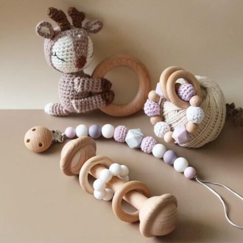 Baby Pacifier Clip Chain Dummy Holder Wooden Teething Bracelet DIY Crochet Deer Teether Infants Rattle Soother Molar Toy