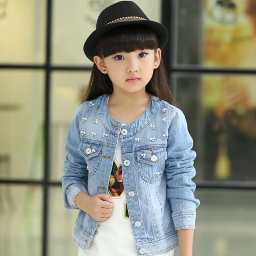 Korean 2020 Spring Summer Girls Fashion Denim Jacket Kid Casual Short Style Round Collar Beading Long-Sleeve Outerwear Coat X307