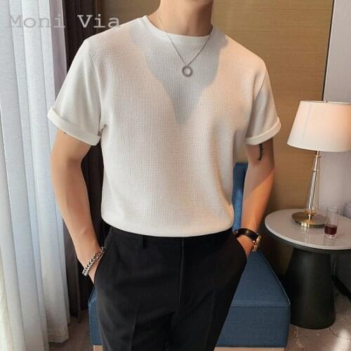 Summer Waffle Short-Sleeved T-Shirt Mens Round Neck Top Loose Solid Color Shirts Half-Sleeved Business Casual Bottoming Shirt