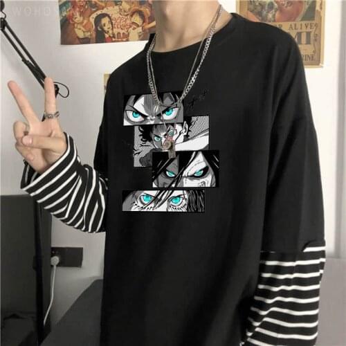Anime Attack On Titan Eren Jaeger Eyes Manga T Shirt Summer Streetwear Tops Unisex Oversized Long Sleeve Black Stripes T-shirts
