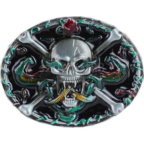 Cool Punk Gothic Skeleton Skull Head Rose Flower Belt Buckle Western Cowboy
