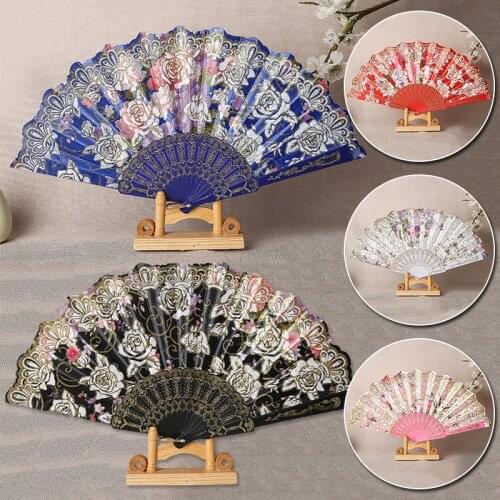 Lace Folding Fan Chinese Style Women Dance Hand Held Fans Chinesecolor Bronzing Powder Fan Silk Fabrics Party Decoration