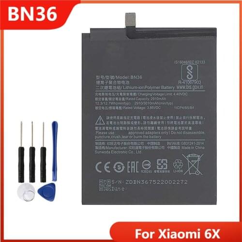 Xiao Mi Original Phone Battery BN36 For Xiaomi 6X Replacement Rechargable Batteries 3010mAh With Free Tools
