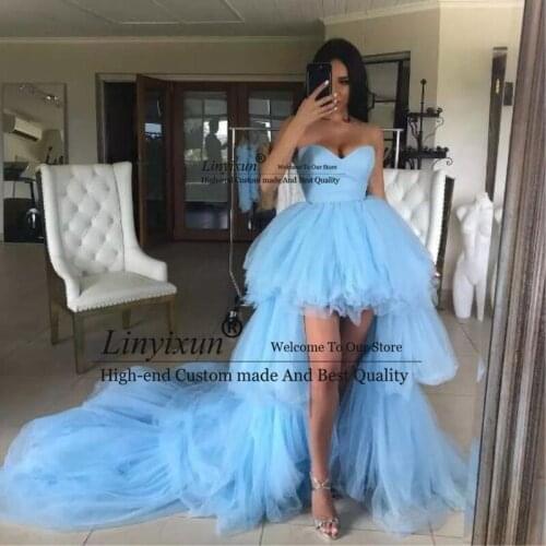 High Low Prom Dresses 2021 Sweetheart Ruffles Light Blue Tulle Short Front Long Back Party Dresses Graduation Evening Gowns