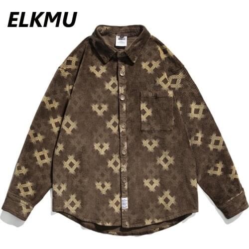 ELKMU Corduroy Shirt Men Vintage Harajuku Autumn Long Sleeve Shirts Jacket Unisex Shirts Brown Retro Hip Hop Tops HM486