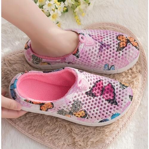 Pink Sandal Clogs Women Warm Winter Fur Garden Shoes Clog Indoor Print Casual Warm Home Slippers EVA Flat Clog Footwear Slippers