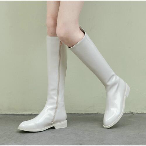 EshtonShero Winter Shoes Woman Knee High Boots Low Heel Black Patent Leather Black Classic Ladies Motorcycle Boot Size 3-11