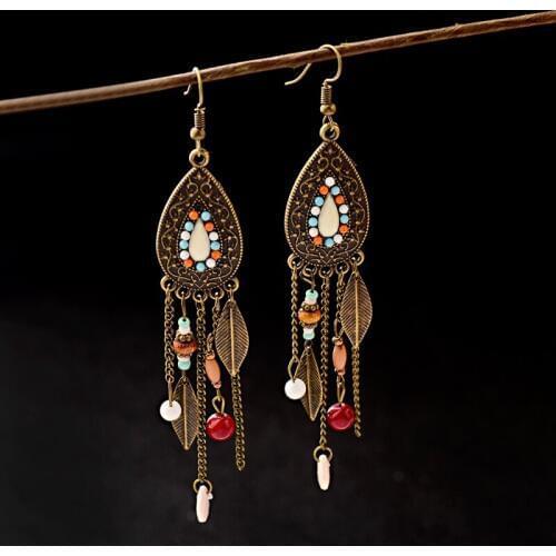2019 Indian Jewelry Ethnic Water Drop Tassel Earrings For Women Gypsy Bohemia Beads Gold Leaf Long Earrings Charm Jewelry