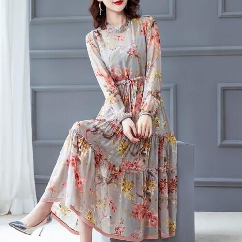 Floral Printed Chiffon Dress 2021 Women New Fashion Long Sleeve High Waist Bohimian Style A-Line Dress Female Elegant Wear