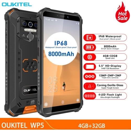 OUKITEL WP5 IP68 4GB+32GB Quad Core Waterproof Smartphone 8000mAh 5.5 inch Android 9.0 Triple Camera Face/Fingerprint ID