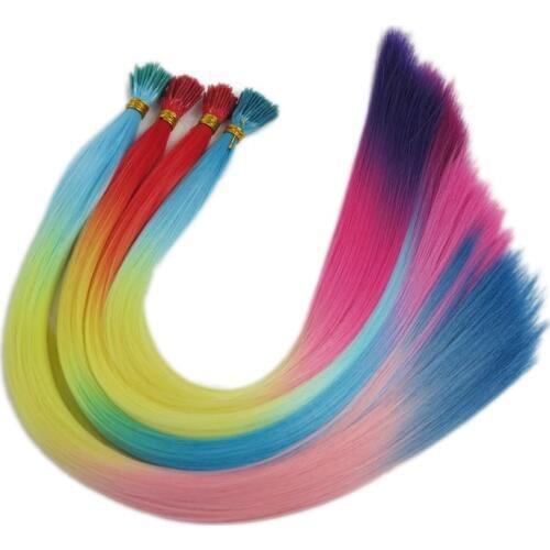 Luxury for Braiding 22" 100strands/lot Straight Rainbow Color Green Yellow Pink Synthetic I Tip Feather Hair Extensions