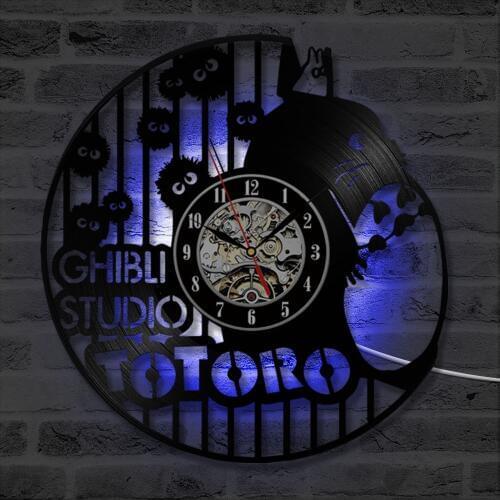 Vinyl CD Record Wall Clock Classic Studio Ghibli Anime Totoro Retro Decorative Mute LED Clocks Creative Antique Style Wall Clock